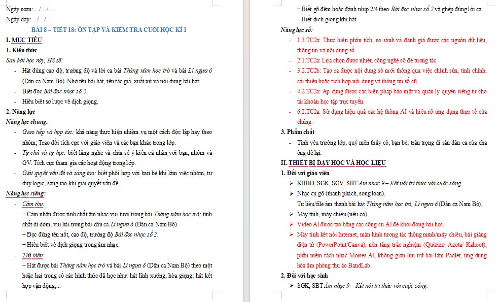 Kế hoạch bài dạy Âm nhạc 9 Tiết 18 NLS