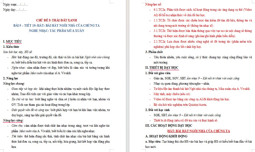 Kế hoạch bài dạy Âm nhạc 9 Tiết 19 NLS