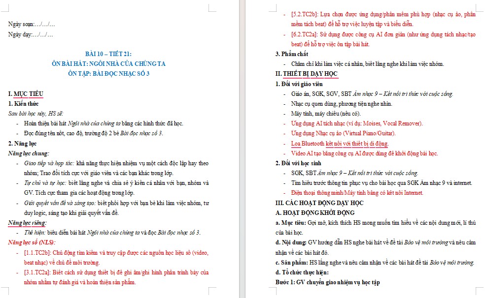 Kế hoạch bài dạy Âm nhạc 9 Tiết 21 NLS
