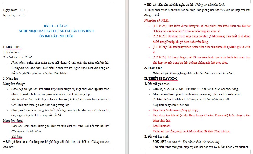 Kế hoạch bài dạy Âm nhạc 9 Tiết 24 NLS