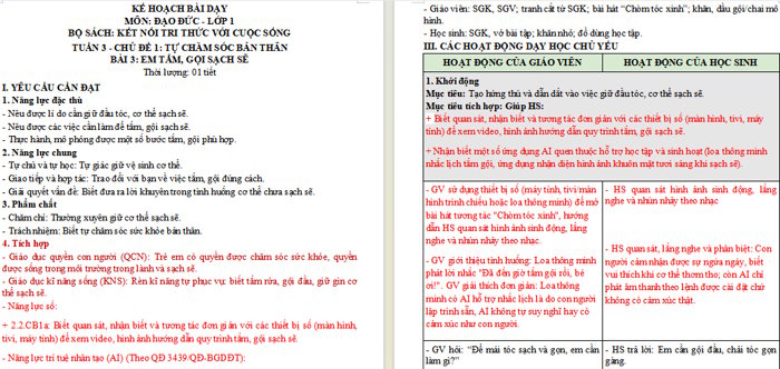 Giáo án tích hợp NLS, AI Đạo đức 1 Bài 3: Em tắm, gội sạch sẽ