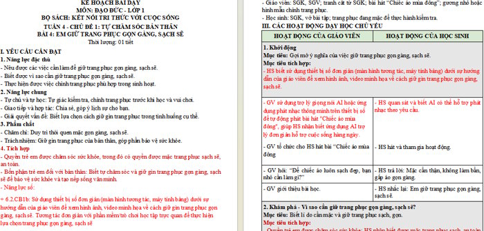 Giáo án Đạo đức 1 Bài 4: Em giữ trang phục gọn gàng, sạch sẽ tích hợp NLS, AI 