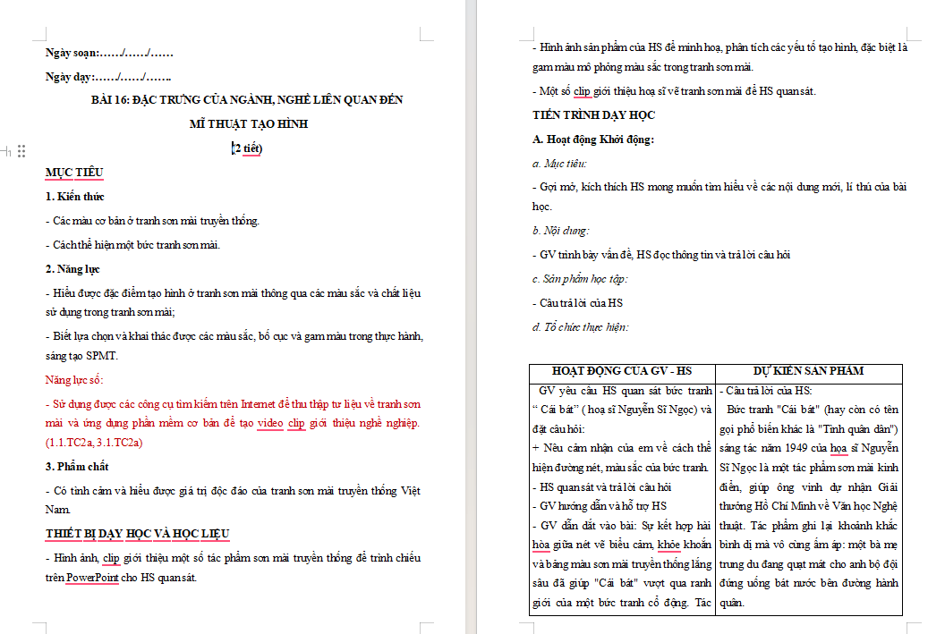 Giáo án Mĩ thuật 8 Bài 16 tích hợp Năng lực số