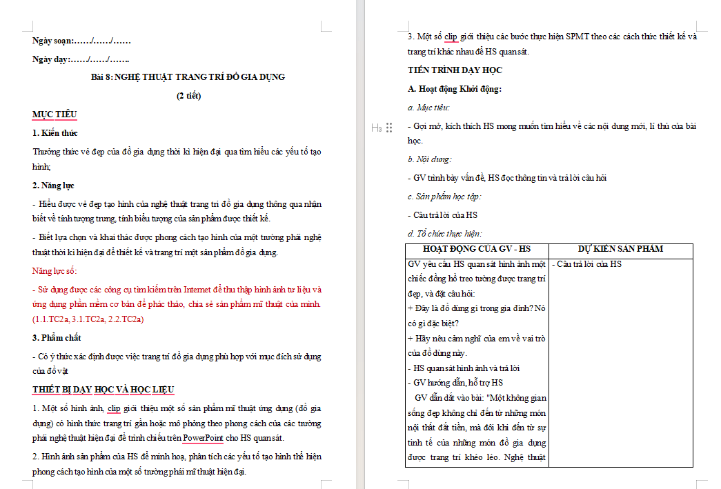 Giáo án Mĩ thuật 8 Bài 8 tích hợp Năng lực số