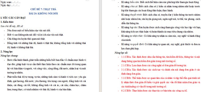 Giáo án tích hợp Năng lực số Đạo đức 1 Bài 20: Không nói dối (3 cột)