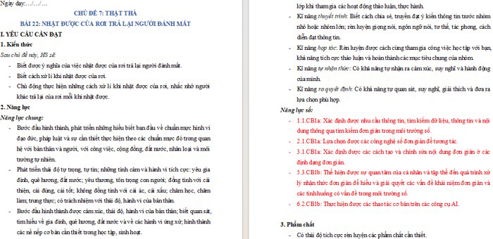Giáo án NLS Đạo đức 1 Bài 22: Nhặt được của rơi trả lại người đánh mất (3 cột)